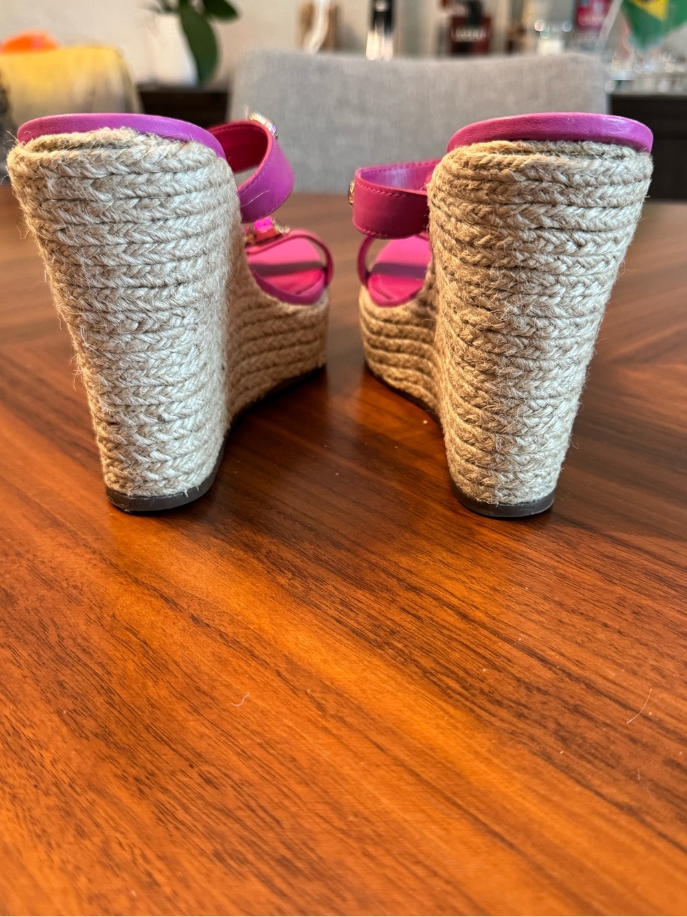 Arezzo Pink Leather Jeweled Espadrille Wedge Sandals Crystal Platform Size 9US - Picture 10 of 13